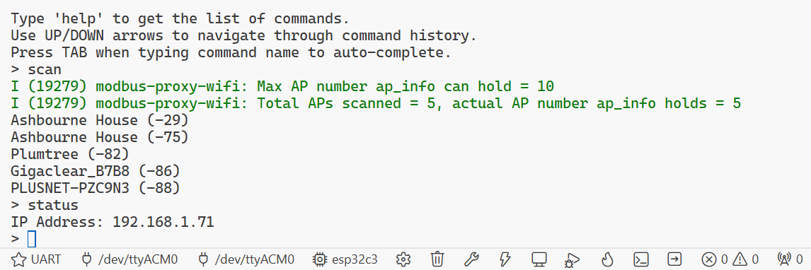 Monitor console showing wifi commands
